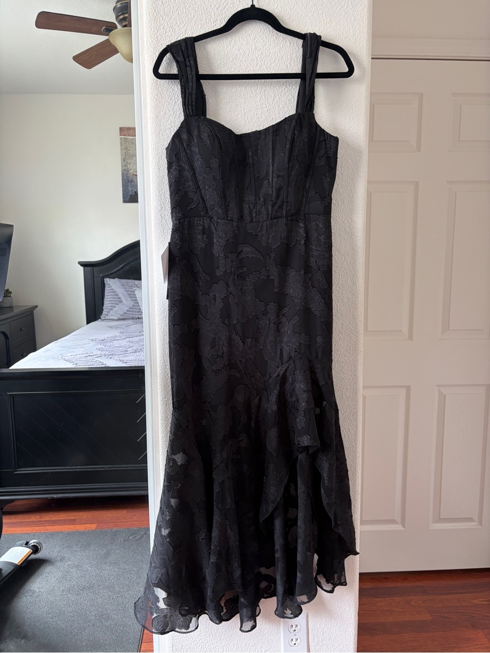 Azazie Black Floral Lace Midi Dress with Flounced Hem